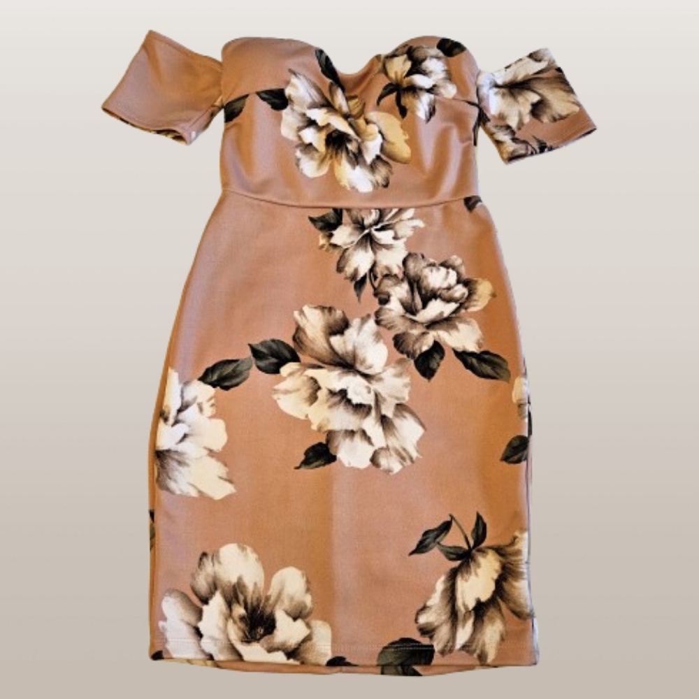 Charlotte Russe Floral/Nude/Beige Print Off-Shoulder Dress- Size SMALL